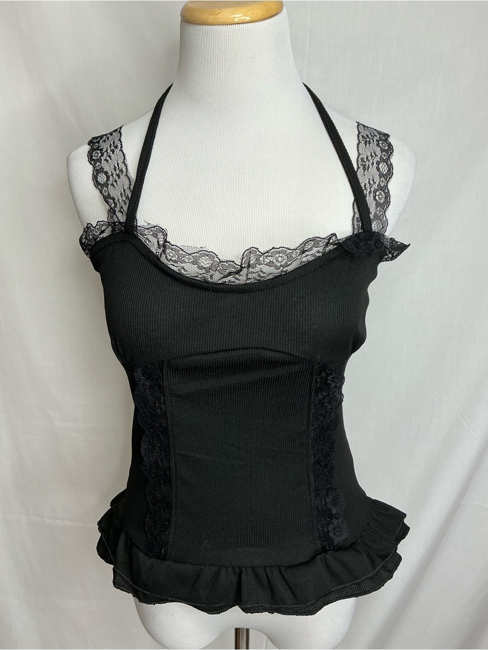2182 - Black Lace Trim Halter Peplum Tank Top